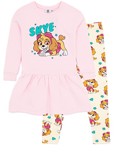 Paw Patrol Girls Sweater Dress And Leggings Set | Skye Helicopter Rescue Pup | Multicoloured Sweatshirt Jumper and All Over Print Trousers Outfit For Kids | Cartoon Merchandise Gift for Children