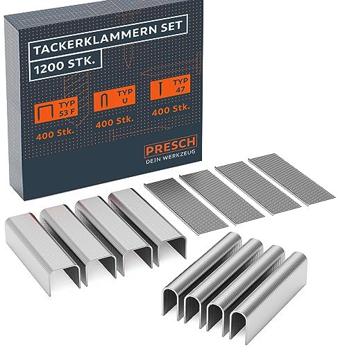 Presch Set de Grapas y Clavos para grapadora manual 1200 piezas - Incluye grapas tipo 53F 8mm, clavos tipo 47 10mm y grapas tipo U 12mm - Grapas, Clavos para pistola neumática, grapadora electrica