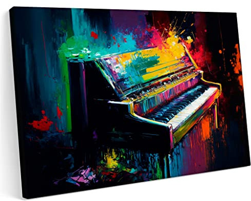 PRINTONIA Bilder Leinwandbild 120x80cm Klavier Klaviertasten Musik Ton Konzert Abstrakt Farben Kunst Kunst Neon Graffiti