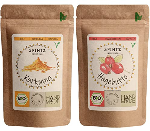 SPINTZ® Bio Hagebutten Kapseln 210stk. + Bio Kurkuma Kapseln 210stk. | plastikfrei verpackt | Vegan |