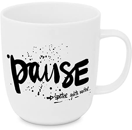 ReWu Becher Tasse aus Porzellan Schriftzug Pause -> Später gehts weiter Schwarz/Weiß Henkelbecher Kaffebecher Trinkbecher Mug 9x9x10cm
