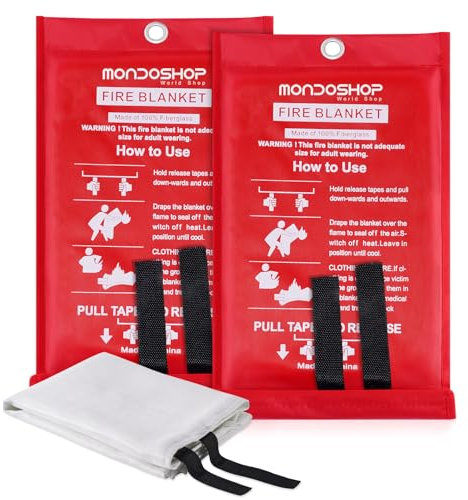 Mondoshop Fire Blankets Emergency for Kitchen Home, TUV Certified Soft Case Fiberglass Fire Retardant Blanket for School, Grill, Car, Office, Garage, Camping, Picnic, Motorhome, Van (2-Pack)