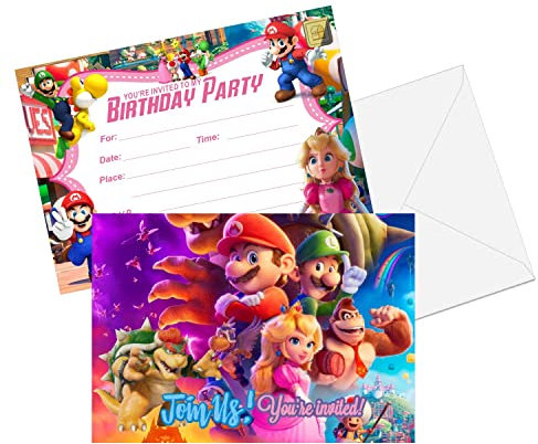ZPLHBHX 16 Stück Mario 2023 Geburtstag Einladungskarten mit Umschlägen, Mario Geburtstag Party Supplies Geburtstag Dekorationen