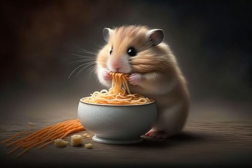Acryl-Bild 60 x 40 cm: Hamster, der Spaghetti in der Schüssel isst. Generative KI. (198569892)