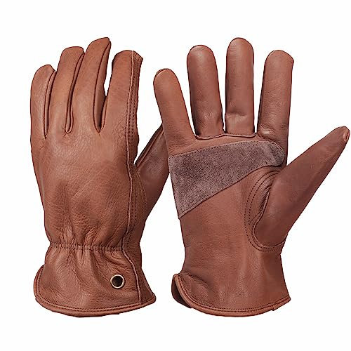 NBLEAGLO Retro Arbeitshandschuhe leder für Bau, Hof, Gartenarbeit, mit verstärkter Handfläche für Damen und Herren