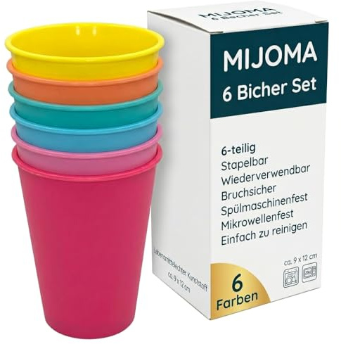 MIJOMA Campinggeschirr-Set – 6 bunte Mehrweg-Becher aus lebensmittelechtem Kunststoff für Wohnmobil, Picknick, Reise und Outdoor