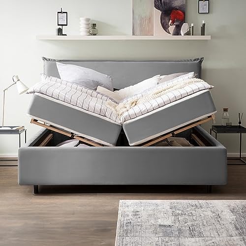 Bett mit Bettkasten 180x200 London Velours, mit Matratze, Lattenrost, XXL Stauraum, Polsterbett, Doppelbett, Aufbau KOSTENLOS (Grau, 180x200 cm mit Matratze)