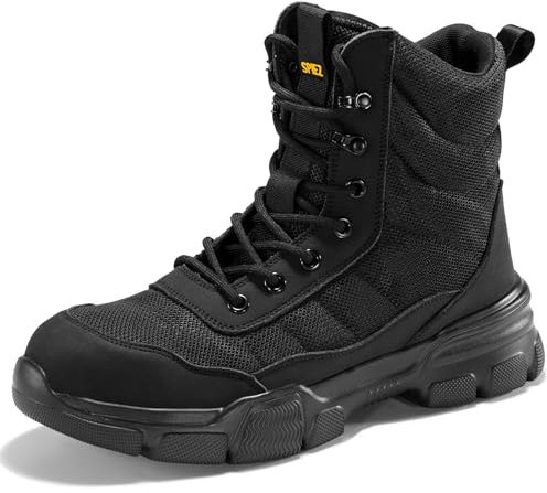 SPIEZ Men’s High Top Safety Trainers Steel Toe Work Boots with Puncture Resistant Sole, Side-Zip Fastening Slip Resistant Grip, Lightweight Black Footwear(UK Size 8, Black