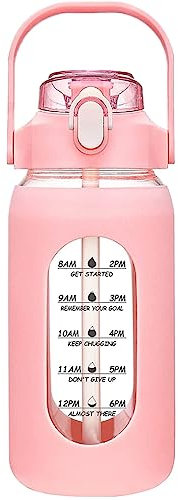 de agua de vidrio de 64 oz con pajita, botella de cristal con de silicona y marcador de tiempo, para gimnasio, oficina en casa, color rosa