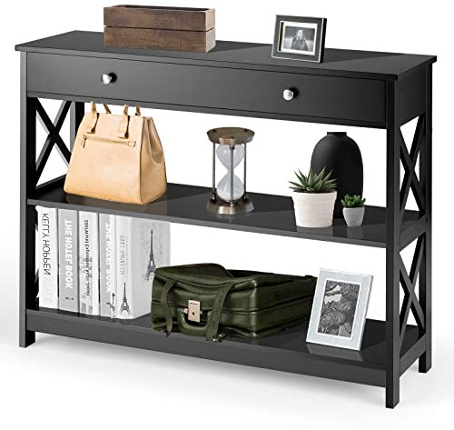 GIANTEX Konsolentisch schmal, Flurtisch mit Schublade & 2 Ablagen, Beistelltisch Eingangstisch schmaler Dielentisch, moderner Dekotisch Sideboard mit Kippschutz, 100x30x80 cm (schwarz)
