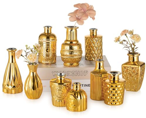 NUPTIO Florero Cristal para Flores Jarrone: 10 Piezas Pequeños Jarrone Oro A Granel para Centro de Mesa Boda Mini Acanalado Vendimia Solo Tallo para Decoración Estar Fiesta Cumpleaños Navidad