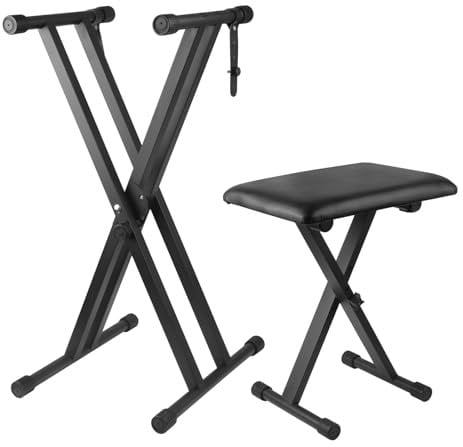 Bazayona Keyboard Stand & Bench, Double X Adjustable, 7 Heights, Black, Steel & PU Leather, Stand & Bench Set