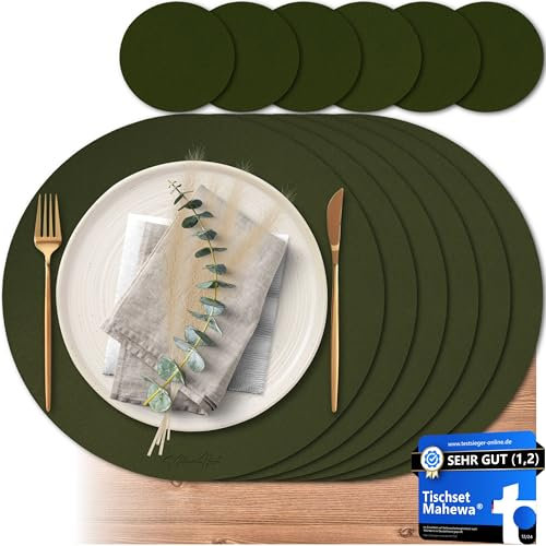 Mahewa® 6er Set Premium Tischset aus Kunstleder - Platzset abwaschbar und wasserdicht - Platzdeckchen Telleruntersetzer in Lederoptik (Kieferngrün, Rund)
