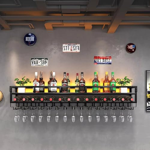 HGTRH Weinregal für Die Wand Aus Metall, Flaschenregal Wandmontage, Bar Regal Wand mit Beleuchtung, Schwebende Barregale mit Stemware AufhäNger für KüChe Esszimmer Bar