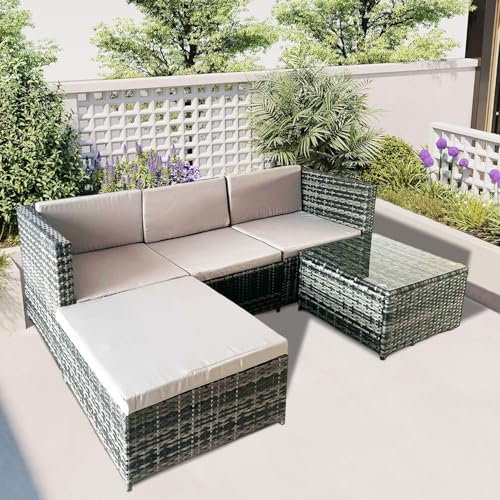 Alivio 4 Seater Rattan Corner Sofa Set, 3 Piece PE Rattan Garden Furniture Set with Coffee Table & Anti-UV Cushions for Indoor Outdoor Patio (Grey)