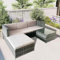 Alivio 4 Seater Rattan Corner Sofa Set, 3 Piece PE Rattan Garden Furniture Set with Coffee Table & Anti-UV Cushions for Indoor Outdoor Patio (Grey)