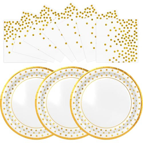 AHPYEUHK 50 Pack Paper Plates & Napkins - 25 * 7in Party Dessert Plates & 25 * 6.5in Napkins for Birthday, Baby Showers, Wedding (White-Gold)