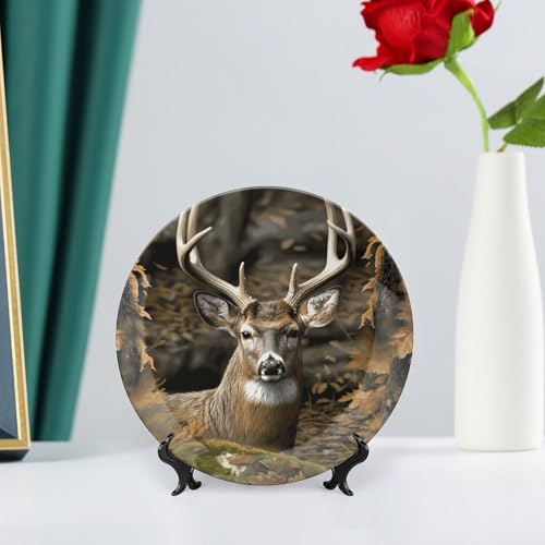Bone China Dekoteller Camouflage Hirsch Keramik Dekoteller mit Präsentationsständer Dekorativer Teller Runde Porzellanteller Speiseteller für Zuhause Arbeitszimmer Hotel Wanddekoration