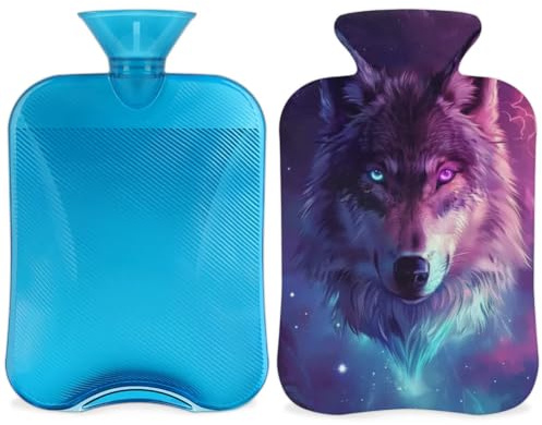 3D Galaxy Wolf Wärmflasche mit Bezug, 2 l, große Kapazität, Wasserbeutel für gemütliche Nächte, Linderung von Schmerzen, Rücken, Nacken und Schultern