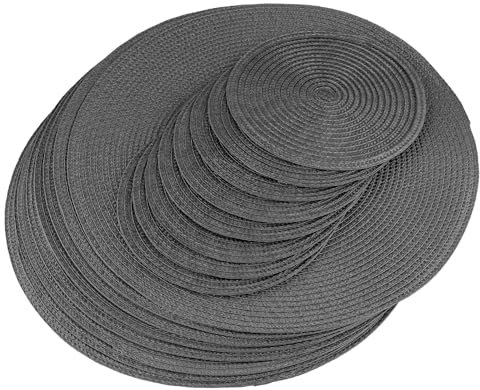 ZEONHEI 16 PCS Dark Grey Woven Placemats, 38cm/18cm Round Meal Mats, Table Mats Coasters for Place Tableware, Coffee Cups