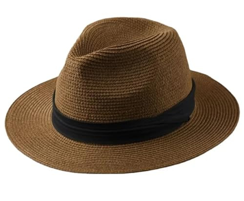 Chapeau Été Large Bord Chapeaux de plage à Large bord en paille for hommes et femmes, grande taille XL61-64cm, chapeaux de soleil d'été for dames, chapeau Fedora 55-57cm 58-60cm(Coffee,XL 61-64cm)