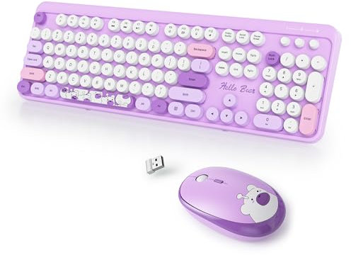 SbocKeeb Purple Keyboard and Mouse Wireless, American QWERTY Cute Typewriter Wireless 2.4GHz Colorful Full Size Keyboard with Number Pad, for Windows PC Laptop,Bear Purple