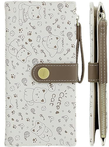 Farcauo Portemonnaie Damen Geldbörsen Frauen Geldbeutel Mittel Groß Damen Geldbörse Braun Katzen Design Portemonnaie für Frauen Portmonee mit Ausweisfach und Kartenhüllen
