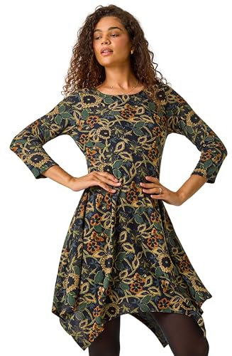 Roman Originals Hanky Hem Swing Dress with Pockets for Women UK Ladies Asymmetric Hemline Stretch Jersey 3/4 Sleeve Winter Smart Casual Work Office Knee Length Tunics - Green Multi - Size 12