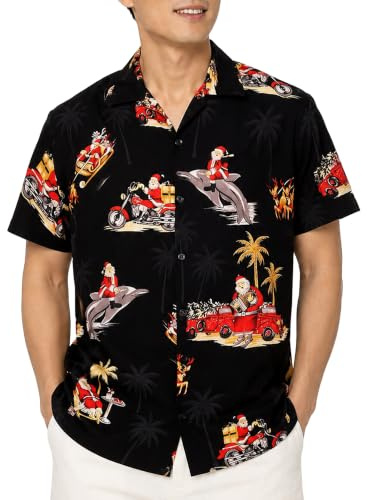 King Kameha Funky-Hawaii-Hemd, Weihnachten, Herren, Kurzarm, Christmas-Dolphin-Santa, Schwarz, XL