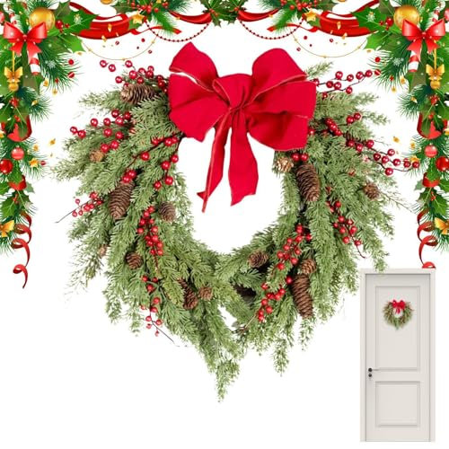 Weihnachtskranz mit Schleife, Tannenzapfen Weihnachtskranz, Vintage Weihnachtskranz, künstlicher Tannenzapfen und roten Beeren, perfekt für Haustür oder Innenhofdekoration