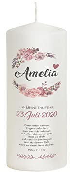 Liamoria® Patenkerze Mädchen mit Name und Datum mit Blumen in Rosa 20 cm - Modell Amelia - Personalisierte Kerze zur Taufe