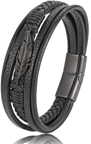 FTPZTINX Bracelet Cuir Homme,Bracelet En Cuir Multicouche Tissé À La Main Avec Plumes Tendance, Bracelet Pour Homme En Cuir Tressé Avec Corde