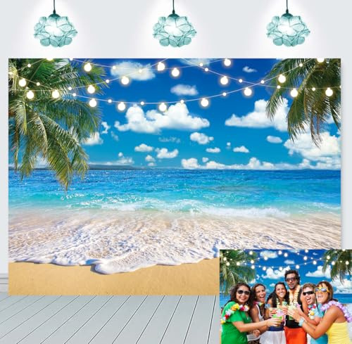 Sommer-Strand-Hintergrund, Sommer, tropisch, hawaiianischer Ozean, Palme, blauer Himmel, Meer, Fotografie, Aloha, Luau, Urlaub, Geburtstag, Party, Dekorationen