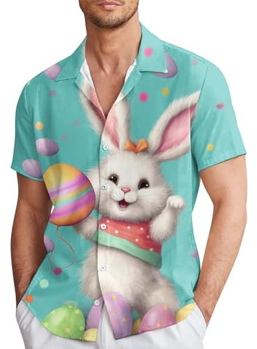 Generisch Chemise courte décontractée à col rond pour homme avec graphique et revers - Chemise de poitrine entièrement imprimée - Saumon pour homme, Rose clair, 3XL