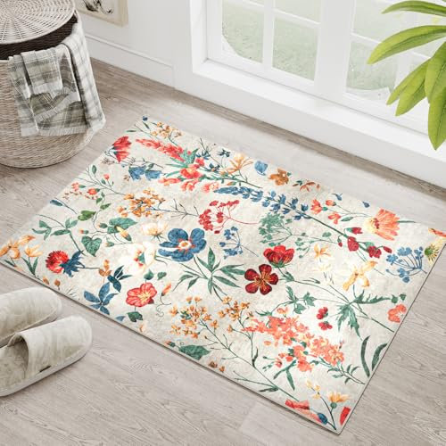 HUGEAR Door Mat Beige Washable Flower Area Rug 60x90cm Doormats Non Slip Boho Natural Modern Floral Small Carpet Entrance Bedroom Dining Room Kitchen Bedside Office Low Pile Soft Carpets