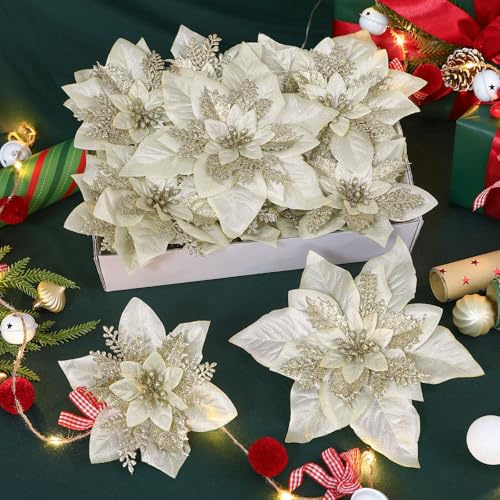 Alupssuc 24 Pieces Artificial Christmas Flowers Decorations Poinsettia Christmas Glitter Wedding Xmas Tree Ornaments Christmas Decorations with Clip and Stick, Champagne Gold