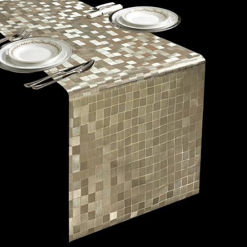 FAVE Goldfarben Tischläufer für rechteckige Tische, 180 cm | Wasserabweisend & hitzebeständig, wiederverwendbar für Hochzeitsfeier, Party, Bankett (Gold kariert)