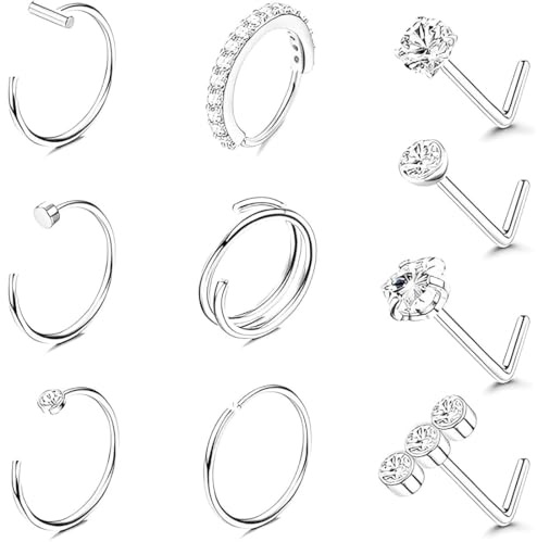 JYNXOR 10 Pcs Nasenpiercing Silber Nasenring Nasenstecker Nasenpiercing Set Nasenpiercing Stecker mit CZ Chirurgenstahl Nostril Piercing Schmuck Damen 20G Hypoallergen Nasenstecker Piercing Nase