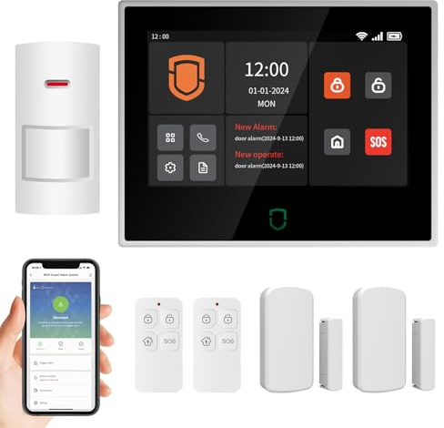 Wolf Guard 4G + WiFi Alarmanlage Haus 7-Zoll-Touchscreen, Tuya Smart Komplettsysteme mit APP/SMS/Telefonanruf Alarm, Bewegungsmelder, Tür/Fenster Sensoren, Fernbedienungen (WT4F-B)