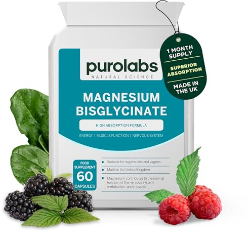 Purolabs Magnesium Bisglycinate 250mg | High Absorption | Energy, Sleep & Muscle Support | Gentle on Stomach | Vegan, Non-GMO, Allergen-Free | 60 Capsules | Made in UK