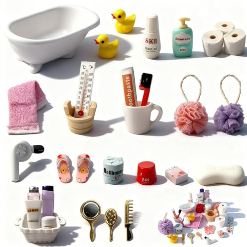 Wichtel Zubehör Weihnachten – 31pcs Miniatur Zubehör Badezimmer Set für Wichteltür Weihnachten Deko & Puppenhaus mit Badewanne, Holzfass, Ente, Sandalen, Zahnbürste, Handtuch & mehr