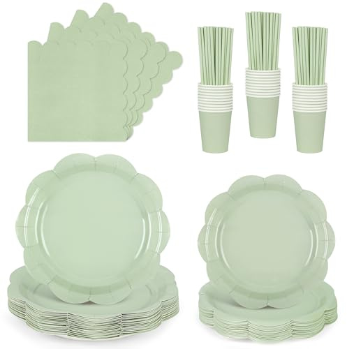 Sage Green Paper Plates and Napkins Set, Sage Green Party Tableware Set Include Scalloped Plate, Cocktail Napkin, Cups, Straws Party Supplies for Baby Shower, Wedding, Birthday Party