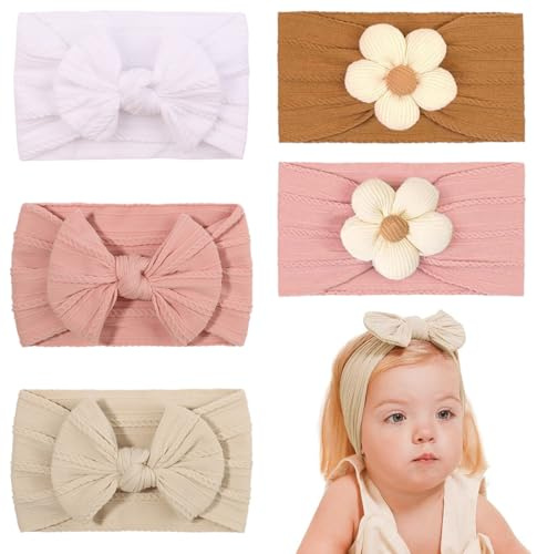 THQAE 5 Pcs fascia capelli neonata, fascia capelli bambina, fascia neonata capelli, Fasce Ragazze Nylon Elasticizzato Accessori per Capelli Fatti a Mano per Neonati Bambini Bambine