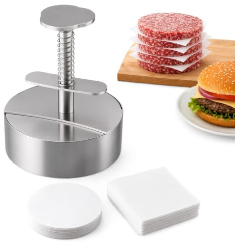 Vunanvu Pressa per Hamburger in Acciaio Inox 304 Pressa per Burger 14cm Hamburgher Attrezzo Macchinetta Antiaderente con 150 Fogli di Carta Hamburger per Manzo, Verdure, Hamburger, Barbecue