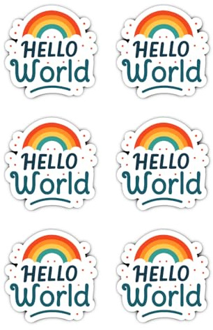 Aufkleber: 50 mm, 6 Stück - Hello World Nerd Sticker mit Regenbogen für Laptop, Notebook, IT Büro