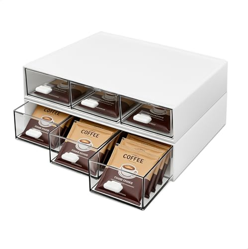 Porta Tisane Bustine, Porta Bustine The e Tisane e Scatola Porta Tisane con Cassetto, Organizzatore Bianco Plastica per The Caffè Zucchero, 21x14x5,8cm Confezione da 2