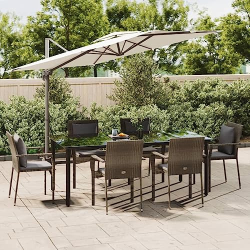 QUAHEAS Ensemble de 7 meubles de jardin en polyrotin noir et gris avec coussins, grande table à manger en verre pour terrasse