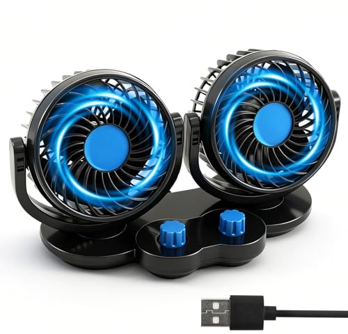 Auto Ventilator, 12V/24V Doppelkopf Ventilator Auto, Autolüfter mit USB, 360 Grad drehbar mit 2 Geschwindigkeiten Doppellüfter, Geeignet für Autos, LKWs, SUV