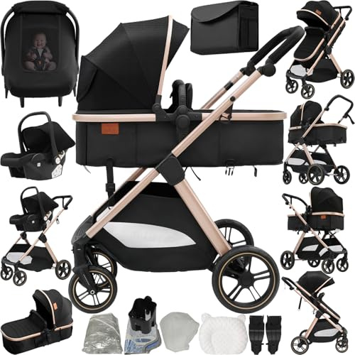 Reenborn Kinderwagen 3 in 1, Buggy mit Ein-Klick-Faltdesign, Kinderwagen mit Zwei Umkehrbaren Schiebemodi, Kombikinderwagen 3 in 1 Komplettset mit Rahmen Aluminiumlegierung (V10 Black Gold)