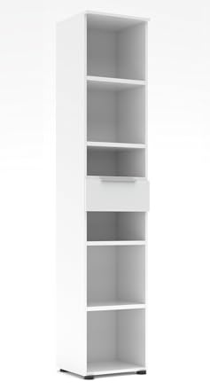 möbelando Aktenregal >Santorin< Weiß Melamin Glasfront 1 Schublade Softclose mit Selbsteinzug 4 Einlegeböden modular Design Metallgriffe Chrom - 40x198x38 cm (BxHxT)